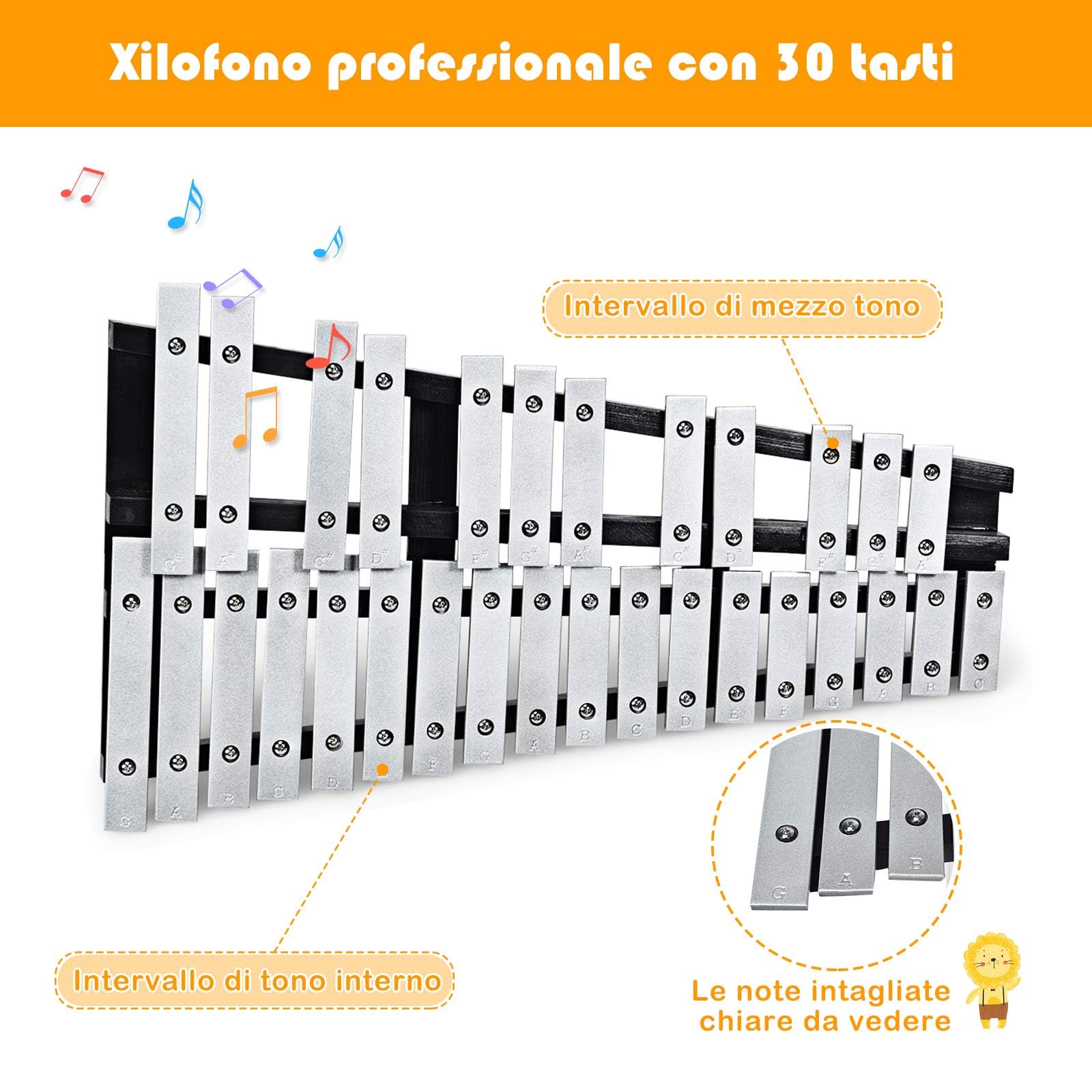 GYMAX Xilofono con 30 Tasti da G5 a C8, Design Pieghevole con Borsa, Strumento Musicale a Percussione con Cornice di Legno, Perfetto per Studenti, Principiante e Amanti della Musica
