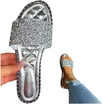 ZBYY Womens Rhinestone Flat Sandals Summer Dressy Beach Slip on Sandals Casual Open Toe Flat Slippers Sandals