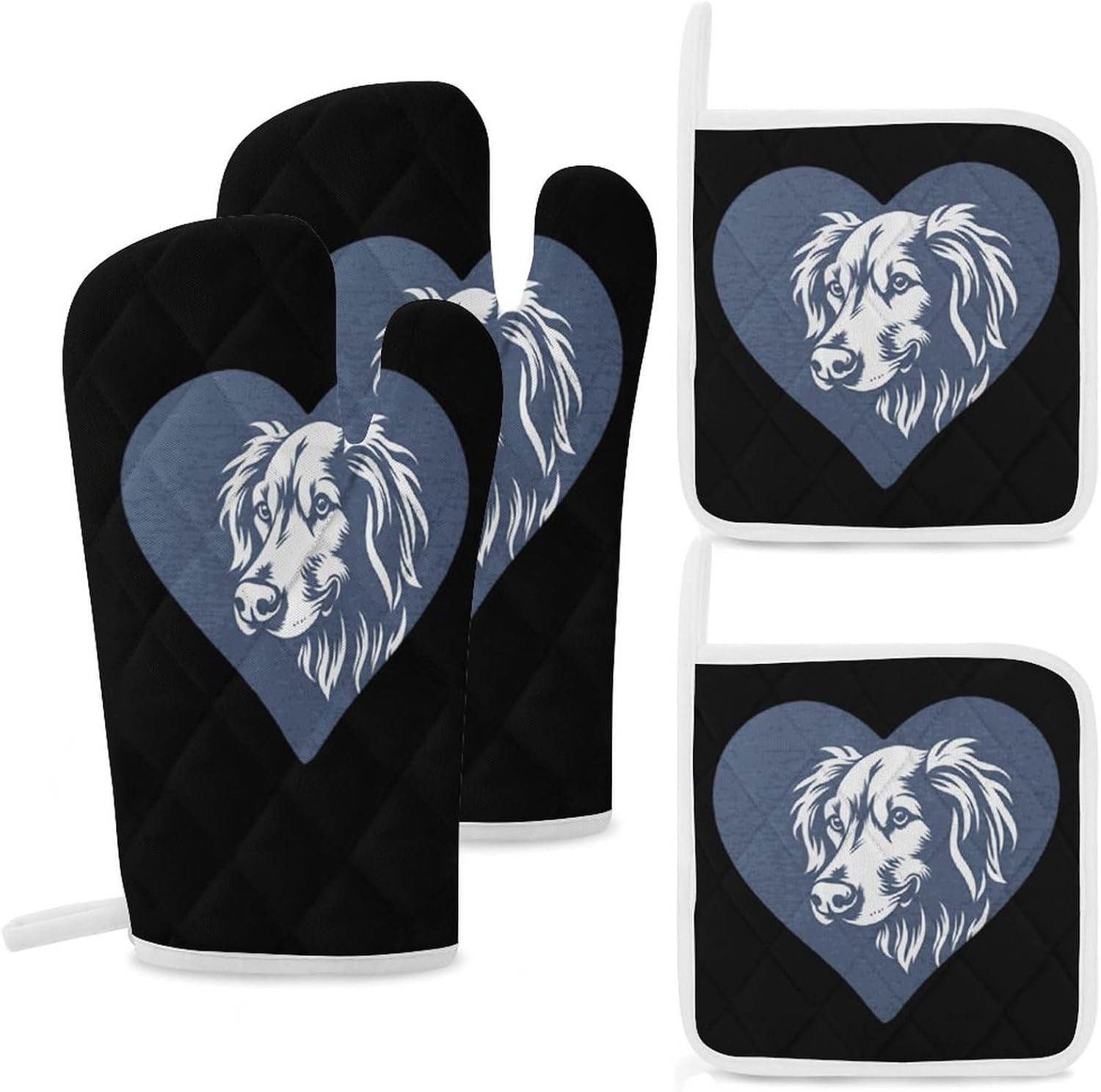 Retriever Dog Love Heart 4 Pcs Oven Mitts and Pot Holders Set High Heat Resistant Long Kitchen Oven Glove Potholders