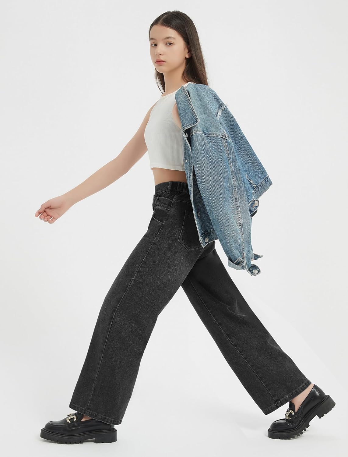 EXARUS Girls Jeans Crossover/Frayed Baggy Pants Wide Leg Denim Teen Elastic Waist Straight Mid Waisted for Kids 8-14Y - Image 5