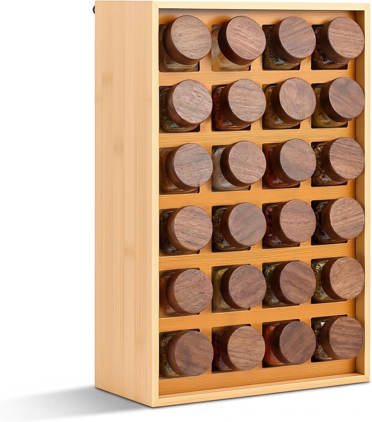 Novabright 24 Grids Bamboo Spice Rack Organizer, Wooden Spice Rack Wall Mount with Square Compartments, Wood Hanging Shelf for 4 oz Glass Jar Drawer Cabinet Kitchen Countertop Wall