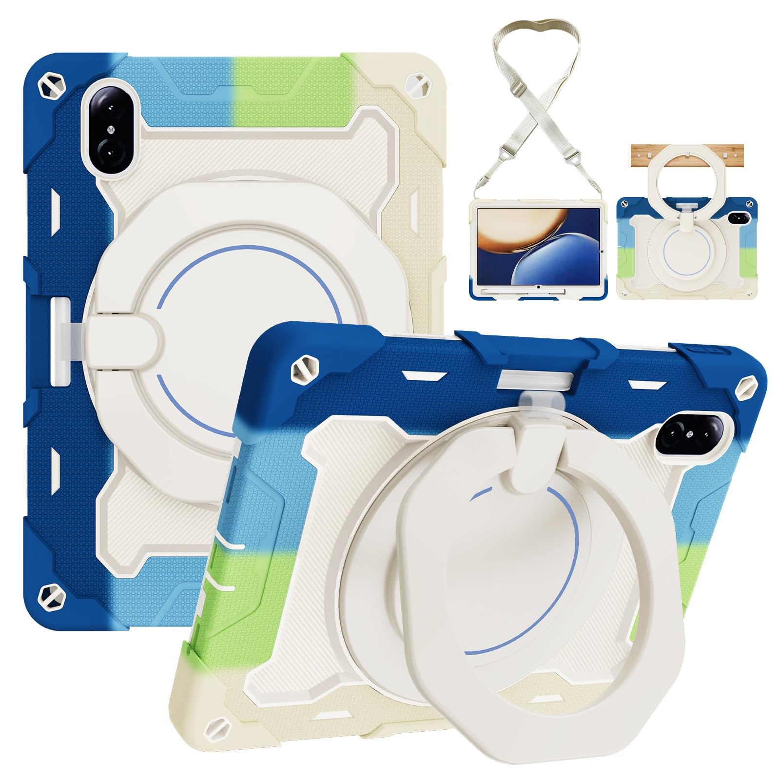 Wytrzymałe etui ochronne do Honor Pad V8/V7 Pro 11 cali, obrotowa podstawka 360°, pasek na ramię, uchwyt ołówek i pierścień uchwytu, odporna wstrząsy osłona dla dzieci dorosłych(Blue White)