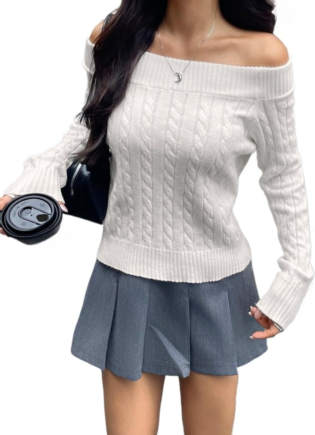 Womens Off The Shoulder Long Sleeve Cable Knit Sweater Preppy Tops Loose Fit 2026 Fashion Y2k Fall Winter Clothes