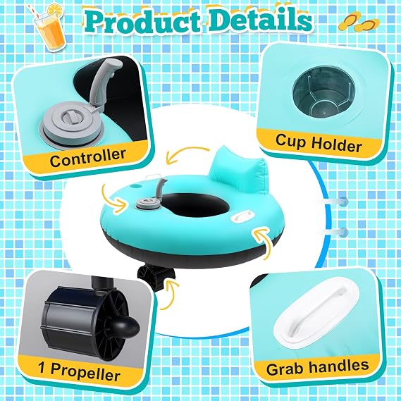 2 Sets Motorized Pool Float for Adults, Electric Inflatable Pool Lounger Float Driving Tube Floating with Pusher Handles Cup Holder for Summer Water Beach (Standard,Blue Black)