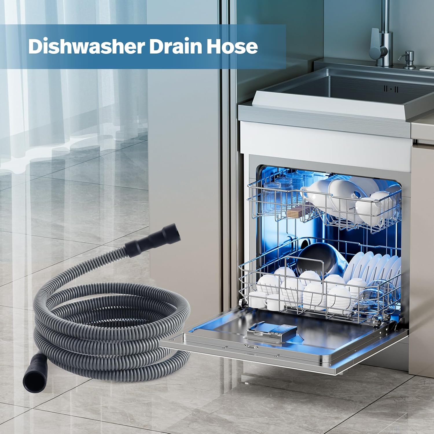 Dishwasher Drain Hose, 6 FT Corrugated & Flexible Dishwasher Hose Drain Replacement with Clamps, Discharge Hose Fits 5/8", 3/4", 1" Dishwasher End
