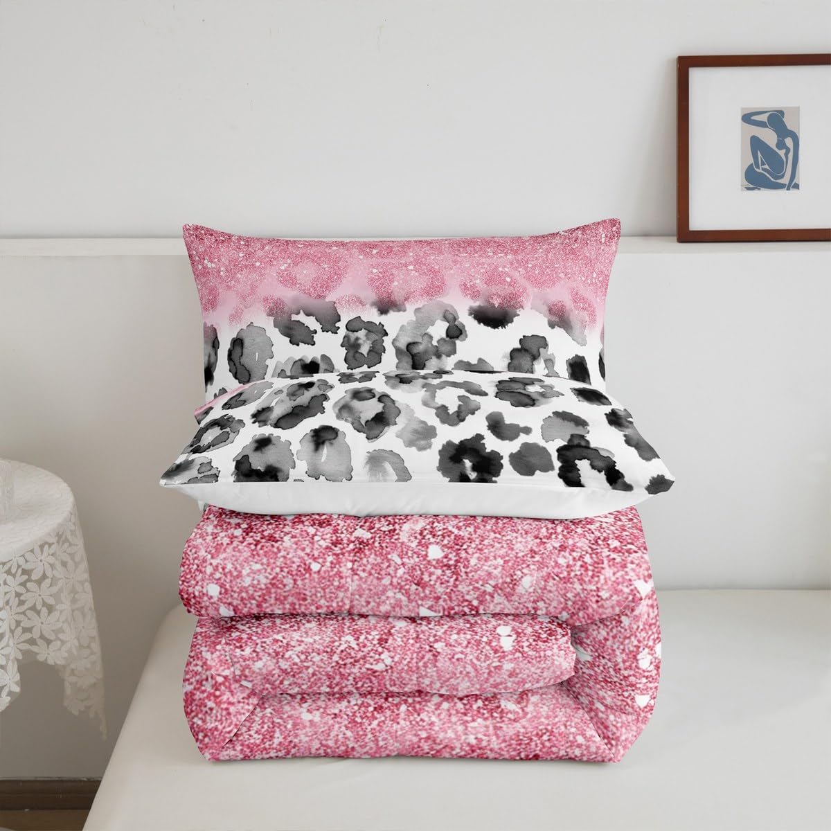 Leopard Print Comforter Set Full Size,Kids Girls Woman Feminine Room Decor,Pink Glitter Starry Romantic Down Comforter,Cheetah Skin Abstract Bedding Set,Fashion Glamorous Duvet Insert,2 Pillowcases