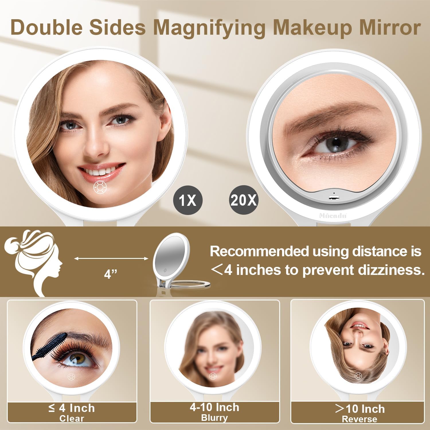 Mocado Travel Makeup Mirror with Light, 1X/20X Magnifying, Double Sided, 3 Color Light, Dimmable Touch, Rechargeable, Tabletop Standing, White - Image 3