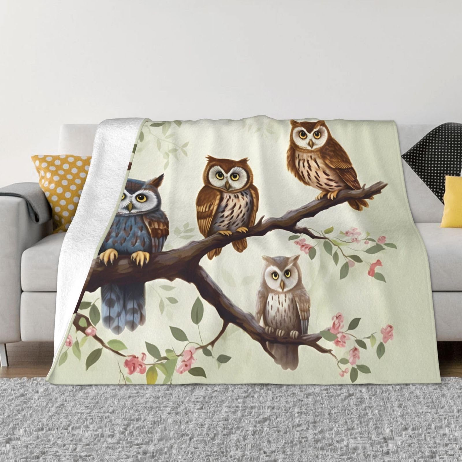 KLOPH Owls on a Branch Throw Blanket 40"x30" Flannel Fluffy Warm Blanket for Couch, Reversible Plush Blankets for Bed, Comfy Fuzzy Blanket for Sofa, Plush Lightweight-Blankets for All Season