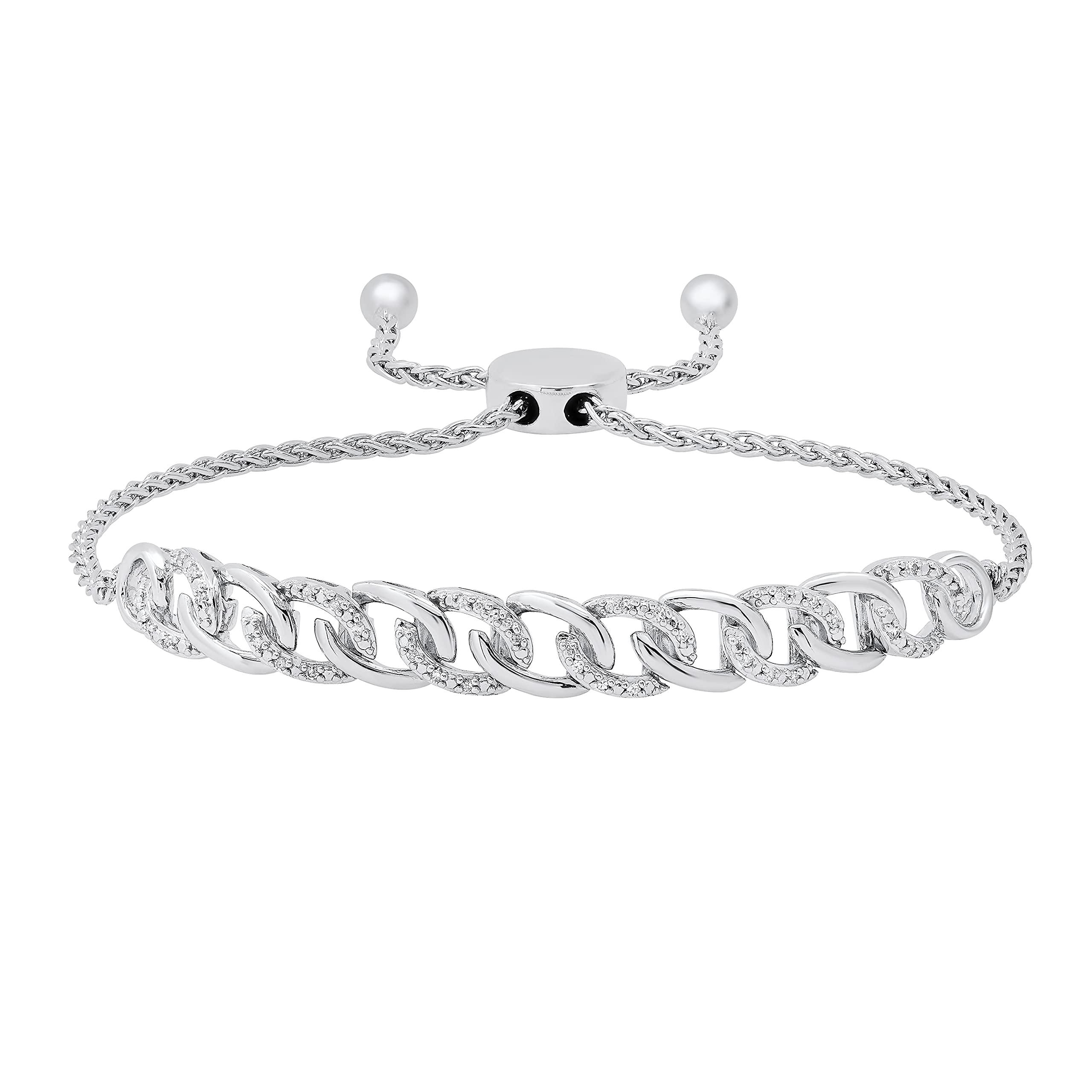 Dazzlingrock Collection0.12 Carat (ctw) Round White Diamond Interlocking Curb Cuban Link Bolo Bracelet for Her, 925 Sterling Silver