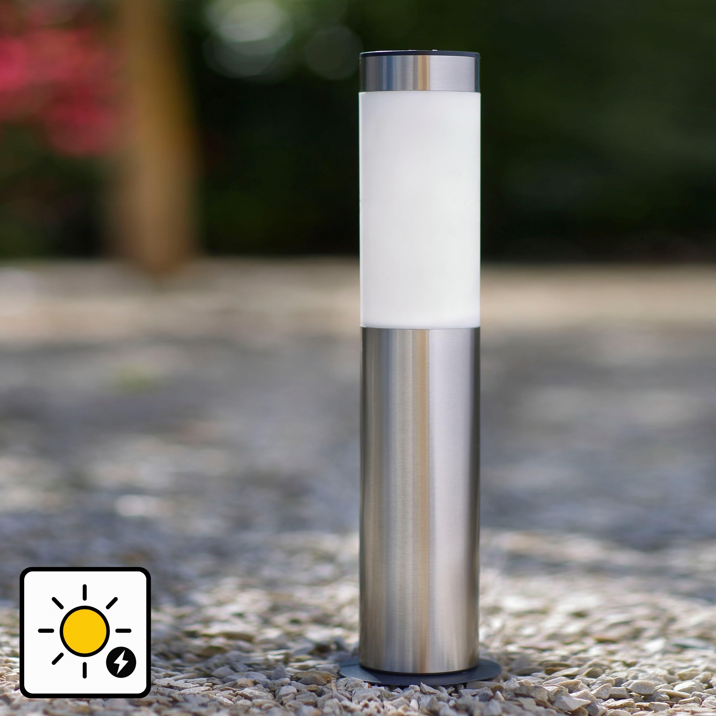 GARD & ROCK - Borne solaire en inox - 3xLEDs SMD - Fonction lanterne amovible - À clipser au sol - Economique et sans branchement - Illuminez et décorez votre jardin!