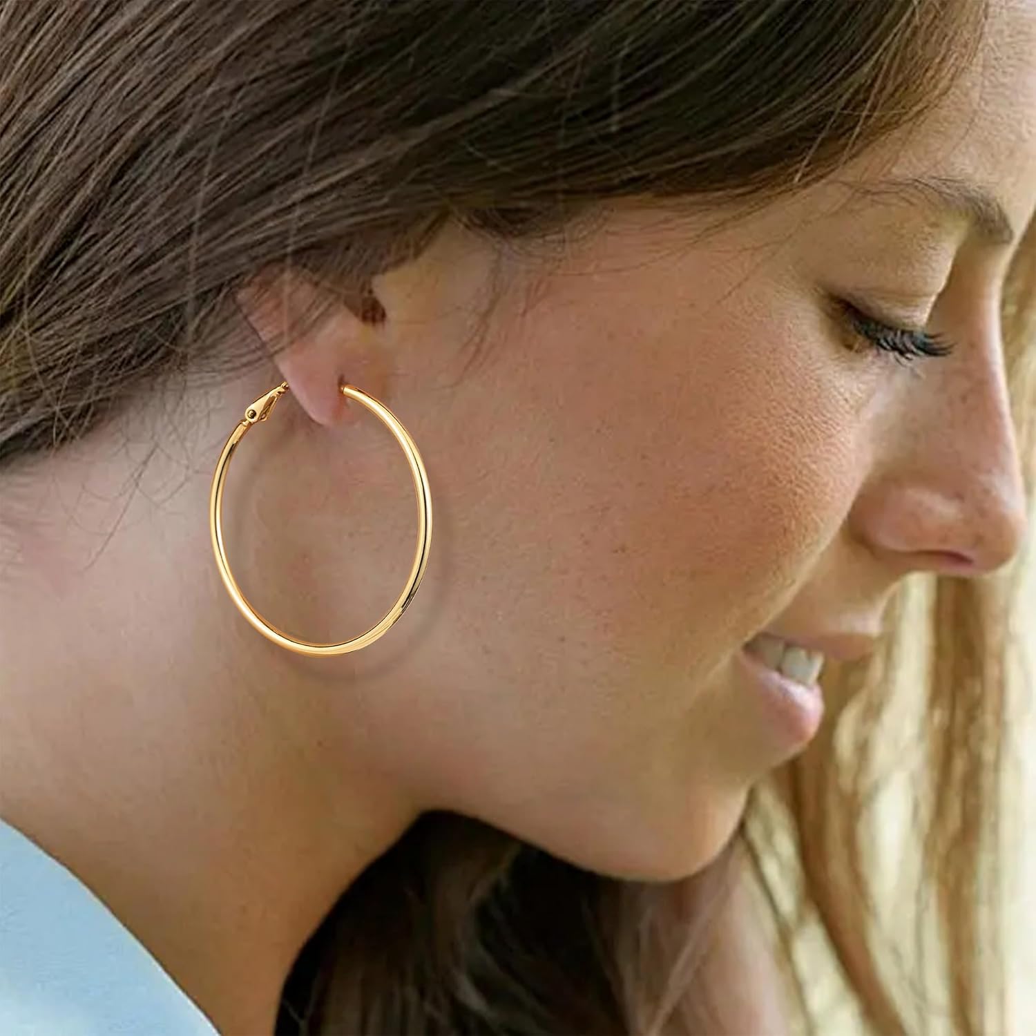 Fiusem 14K Gold Plated Hoop Earrings for Women, Lightweight Thin Tube Hoops, Hypoallergenic 925 Sterling Silver Post Click-Top Round Loop Jewelry - Image 3