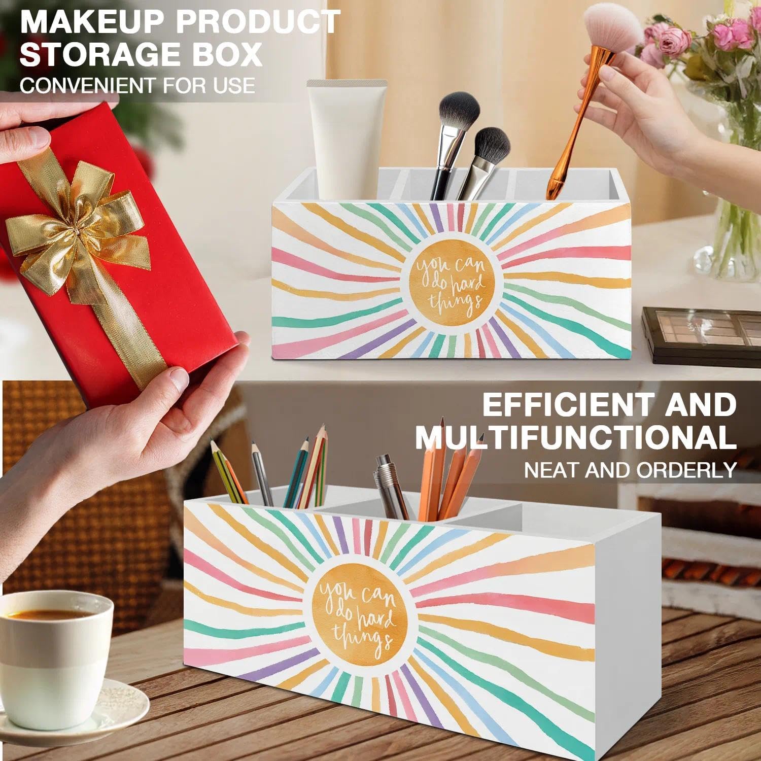 Boho Colorful Sunshine Pen Pencil Holder Organizer for Desk Accessories, Boho Classroom Decor, You Can Do Hand Things Inspirational Wooden Box Signs Decorations for Kids Room Desk Tabletop - Image 5