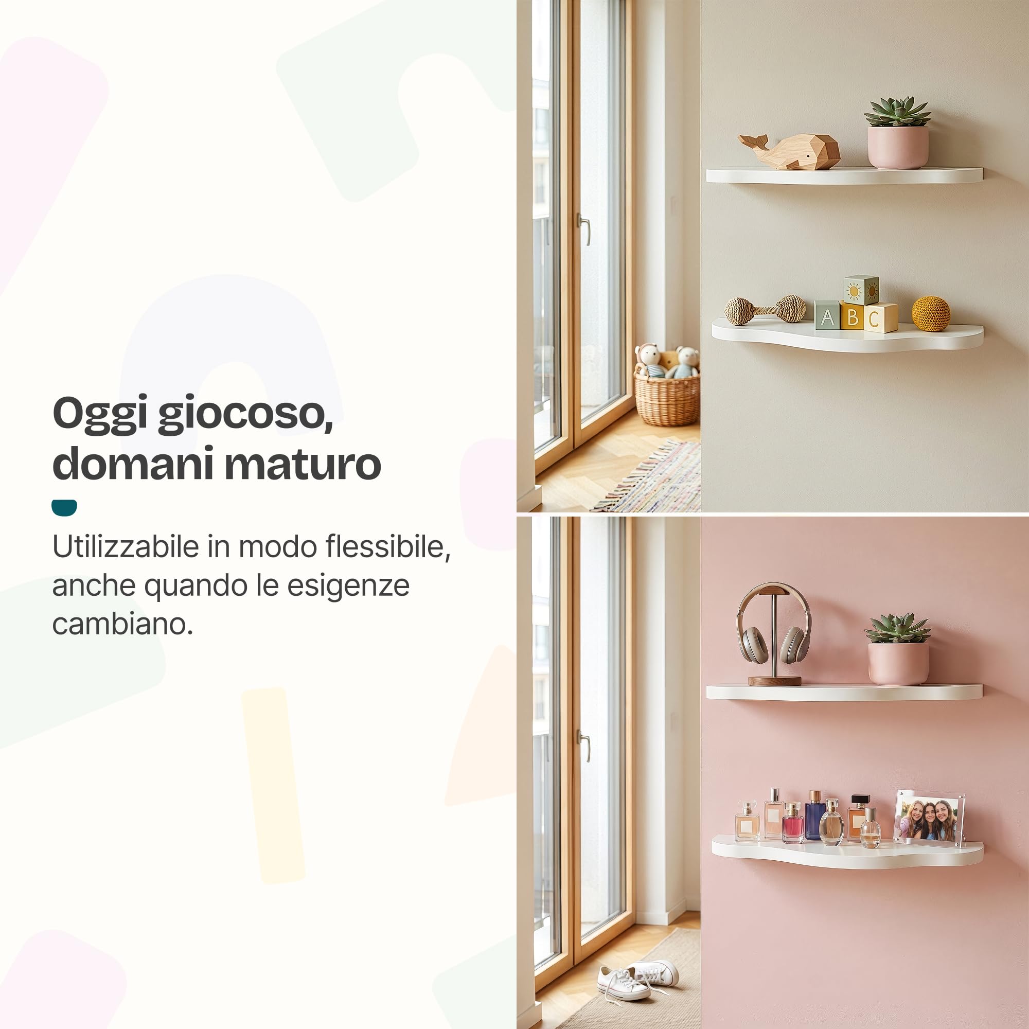 [en.casa] Set di 2 Mensole da Parete per Bambini Ripiani Decorativi Portaoggetti Sospesi a Muro per Libri Giocattoli Decorazioni Cameretta Soggiorno Corridoio 57 x 19 x 3 cm - Bianco