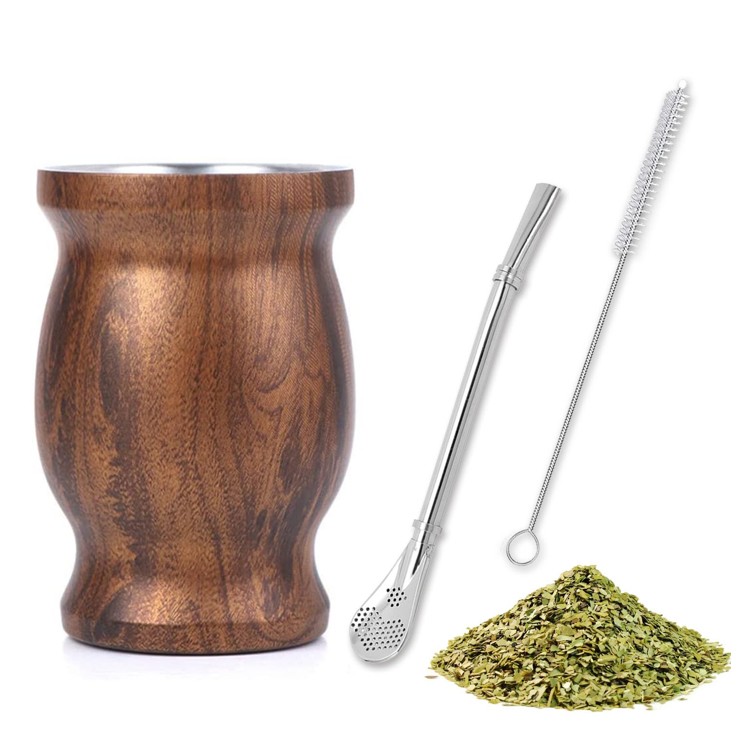 gvivejMate Mug, Mate Tea Set, with Straw Spoon and Cleaning Brush for Mate Tea, Coffee, Milk and Juice, Wood Grain Colour