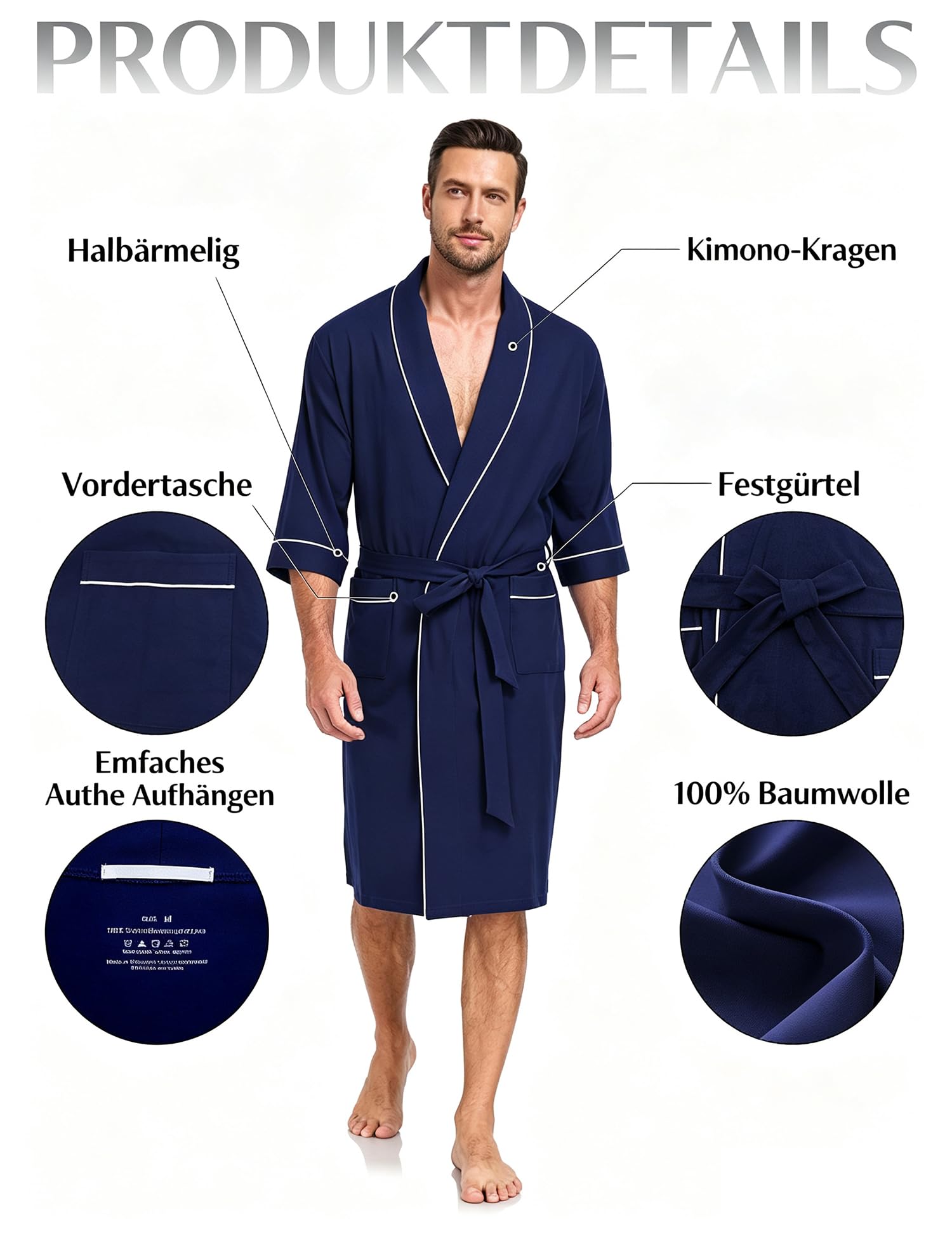 ANLIQI Herren Bademantel 100% Baumwolle Kurzarm Kimono Sommer Taschen