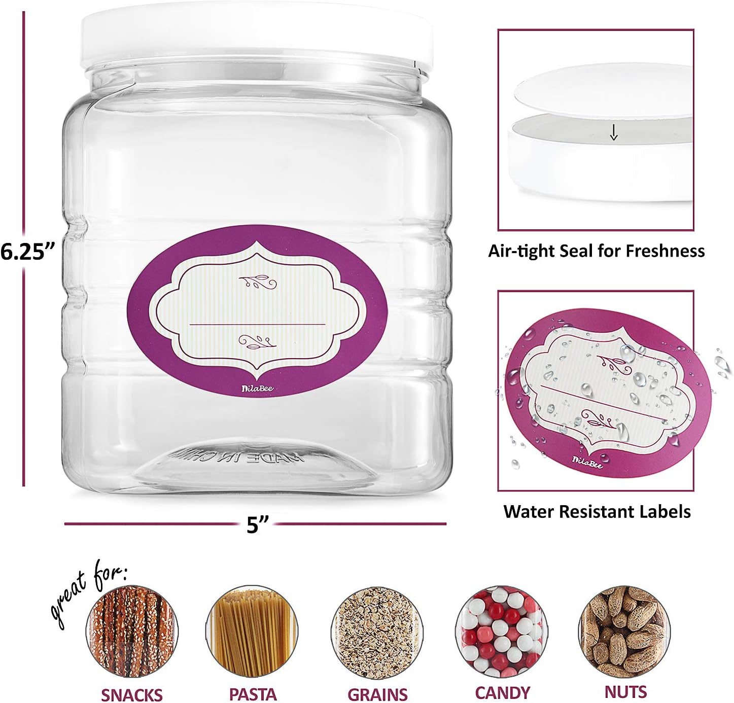 Pack of 3-64 Oz Clear Empty Plastic Storage Containers with Lids - Square Pantry Containers - Clear Jars with Air Tight Lids and Labels – BPA Free Plastic Jar - Paint Storage Containers