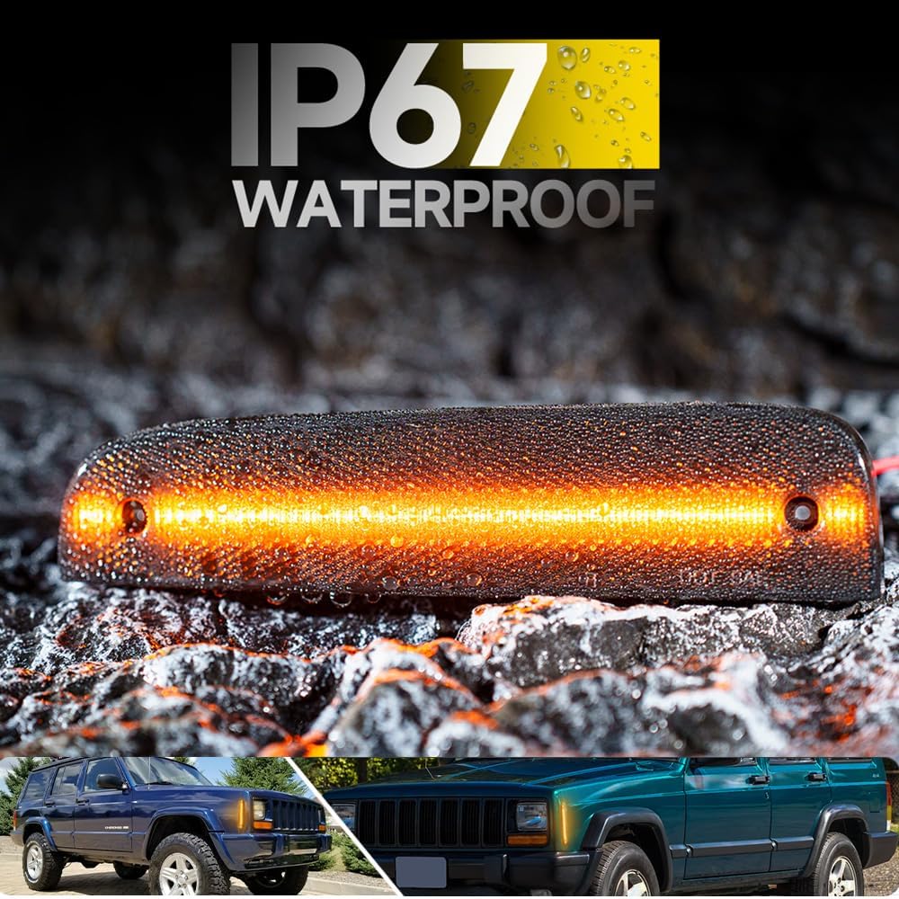 2PCS Amber Led Side Marker Lights for 1997-2001 J'eep Cherokee XJ Led Indicator Turn Signal Light Kit Smoked Lens Front Bumper Clearance Light OEM Replacement 55055146