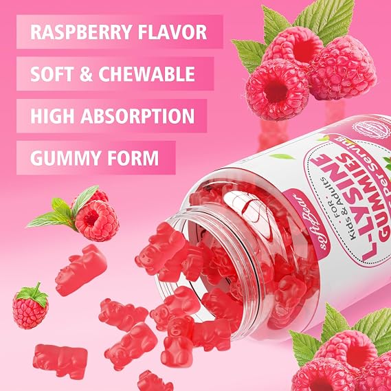 softbear L-Lysine Gummies for Adults & Kids, L Lysine 1000mg Chewable Lysine Supplement for Lips & Oral Health, Immune & Collagen Support, Vegan, Gluten-Free, Raspberry Flavor 60 Count