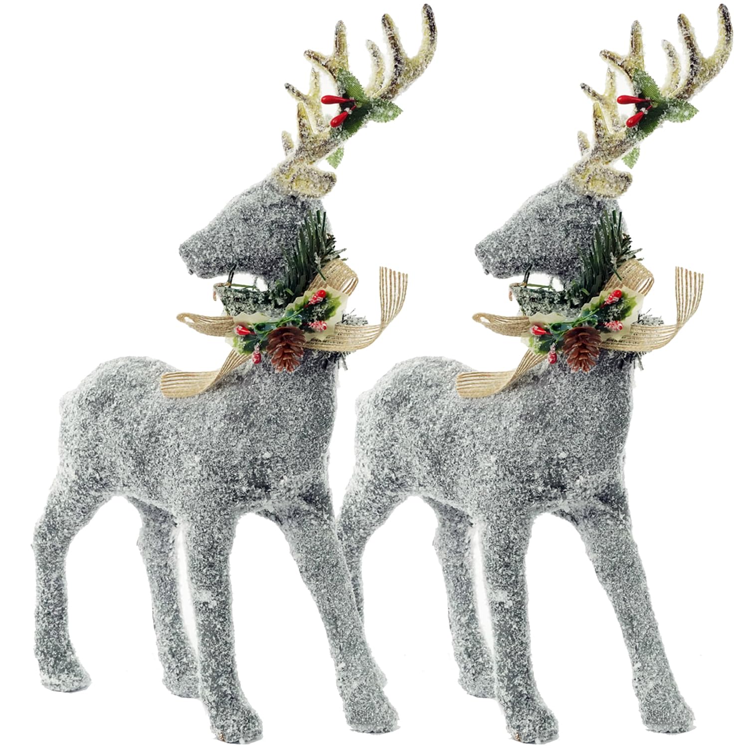 GEDLIRE Christmas Reindeer Figurine Decorations 2 Pcs, Winter Holiday Standing Deer Statues Home Decor with Pinecone Bow, Snow Christmas Elk Deer Ornaments for Dinner Tabletop Centerpiece Decorations