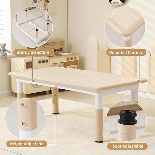 Miniatura 5 de Juego de mesa y 4 sillas para niños, mesa y sillas para niños pequeños de altura ajustable con fundas de goma para pies, mesa de actividades para