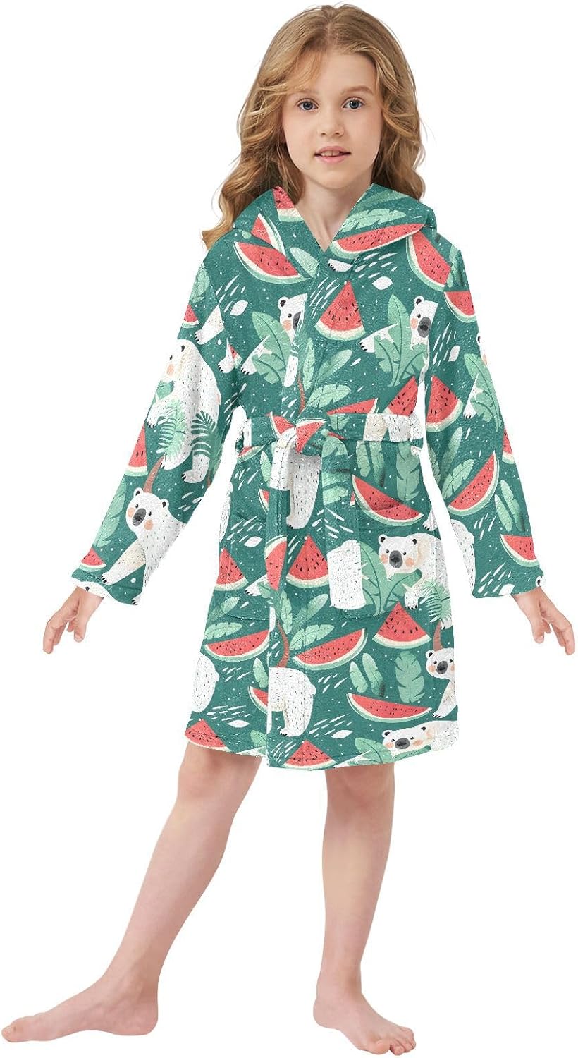 senya Polar Bear Eat Watermelon Toddler Hooded Bathrobe Kids Soft Plush Bath Towel Robes for Boys Girls 2-12 Years