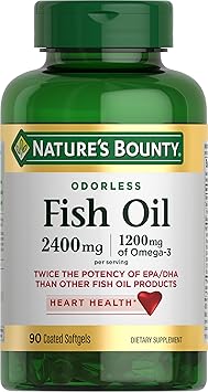 Nature's Bounty Odorless Fish Oil, 1200mg Omega-3 per Serving Including EPA & DHA, Supports Heart Health, Purified to Elimiate Mercury, Coated Softgels, Gluten Free, No Shellfish, 90 Ct