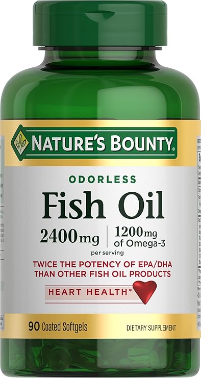Nature's Bounty Odorless Fish Oil, 1200mg Omega-3 per Serving Including EPA & DHA, Supports Heart Health, Purified to Elimiate Mercury, Coated Softgels, Gluten Free, No Shellfish, 90 Ct