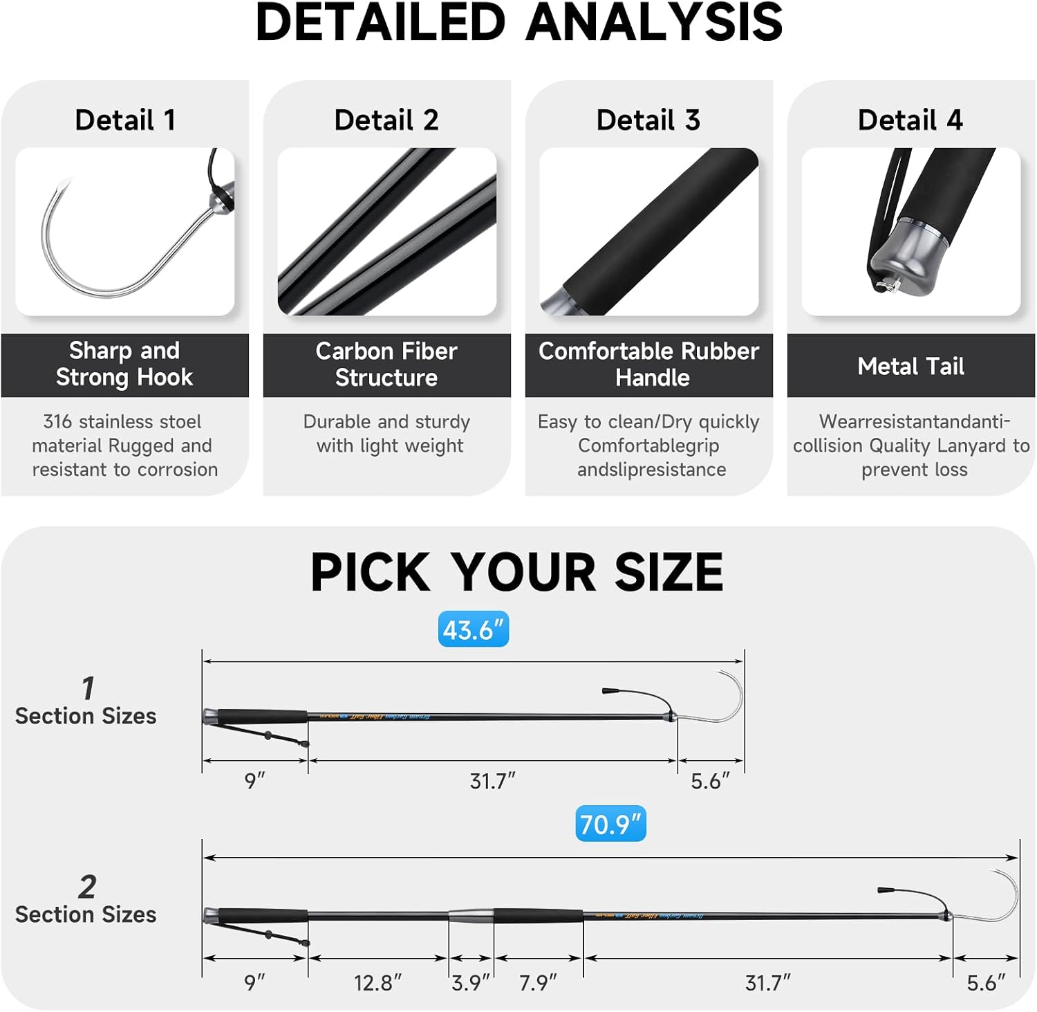 SANLIKE Fishing Gaff Saltwater Portable Fish Gaff with S316 Stainless Steel Fishing Hook Carbon Fiber Fishing Gaff Non-Slip Grip Handle and Fiberglass Shaft for Saltwater Offshore 3.8'/6'/7.6'