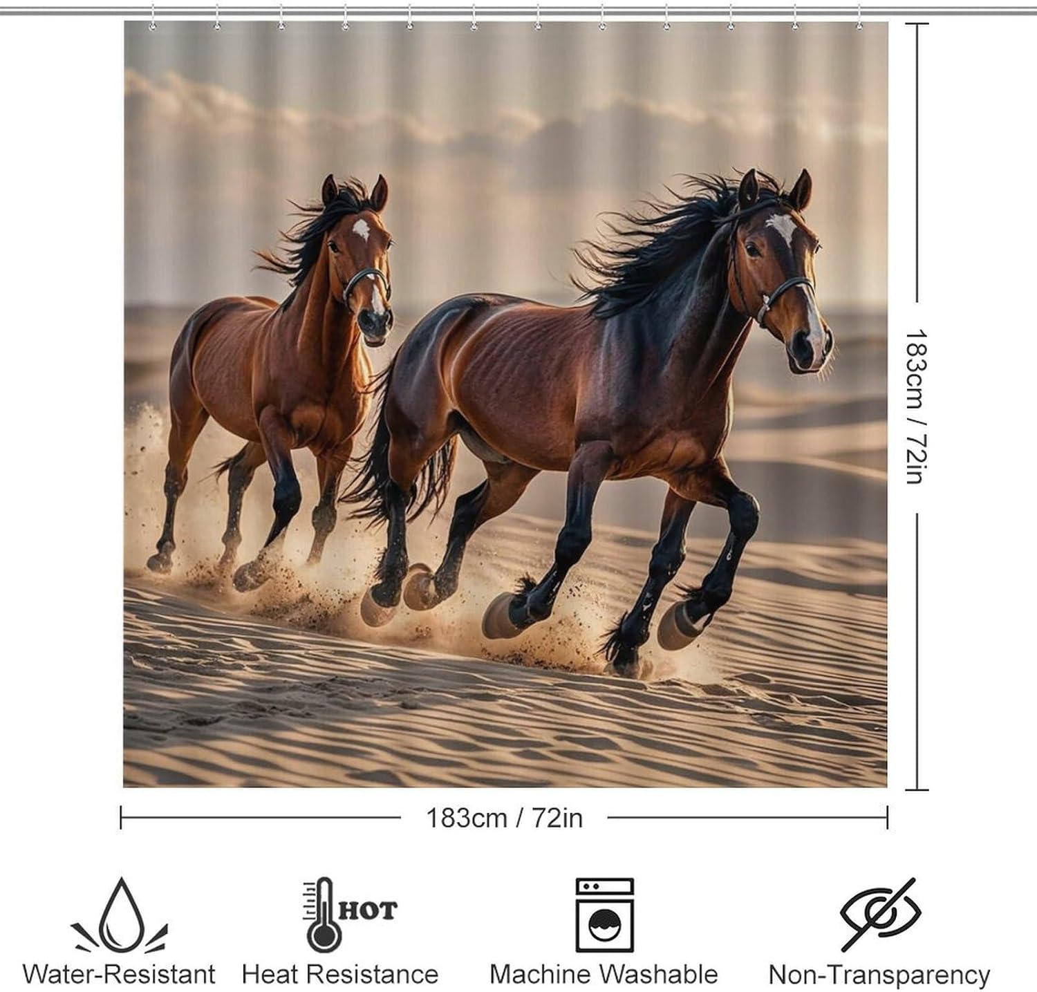 4 Piece Bathroom Rug Set with Shower Curtain, Non-Slip Bath Mat Toilet Cover Set, Horses Running in The Sand Bathroom Rug Sets