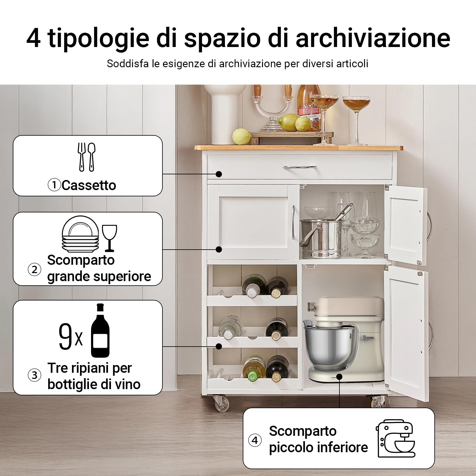 SoBuy Mobile Cucina Salvaspazio con Ruote Carrello Cucina con Cassetti e Portabottiglie, Mobiletto Credenza credenza cucina per Cucina o Sala da Pranzo, Bianco 67x86x38cm FKW45-WN