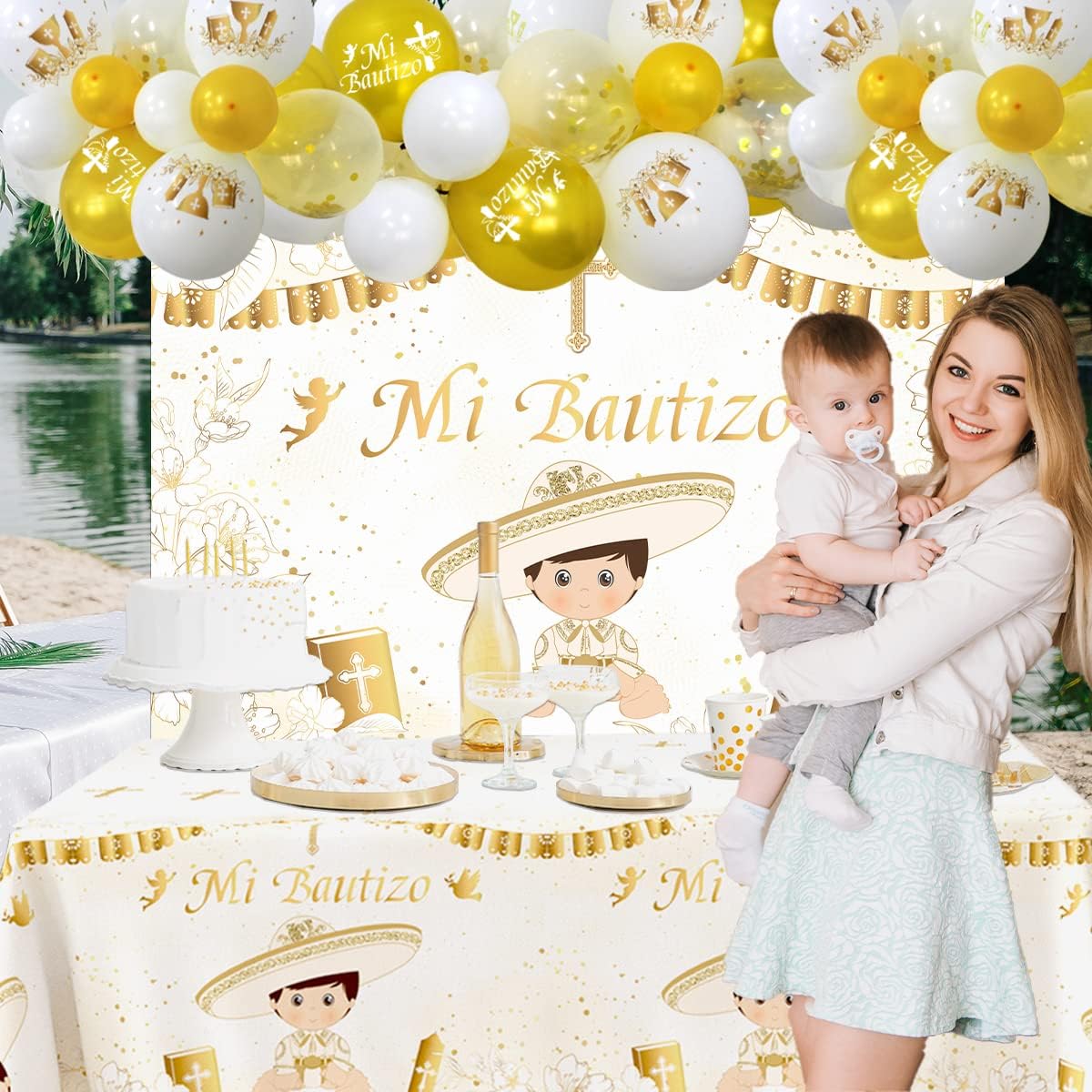57Pcs Mi Bautizo Banner Backdrop Balloons Arch Garland Tablecloth Kit for He God Bless Baby Boy Baptism Party Decorations First Communion Decor Christening Celebration Accessories thumbnail