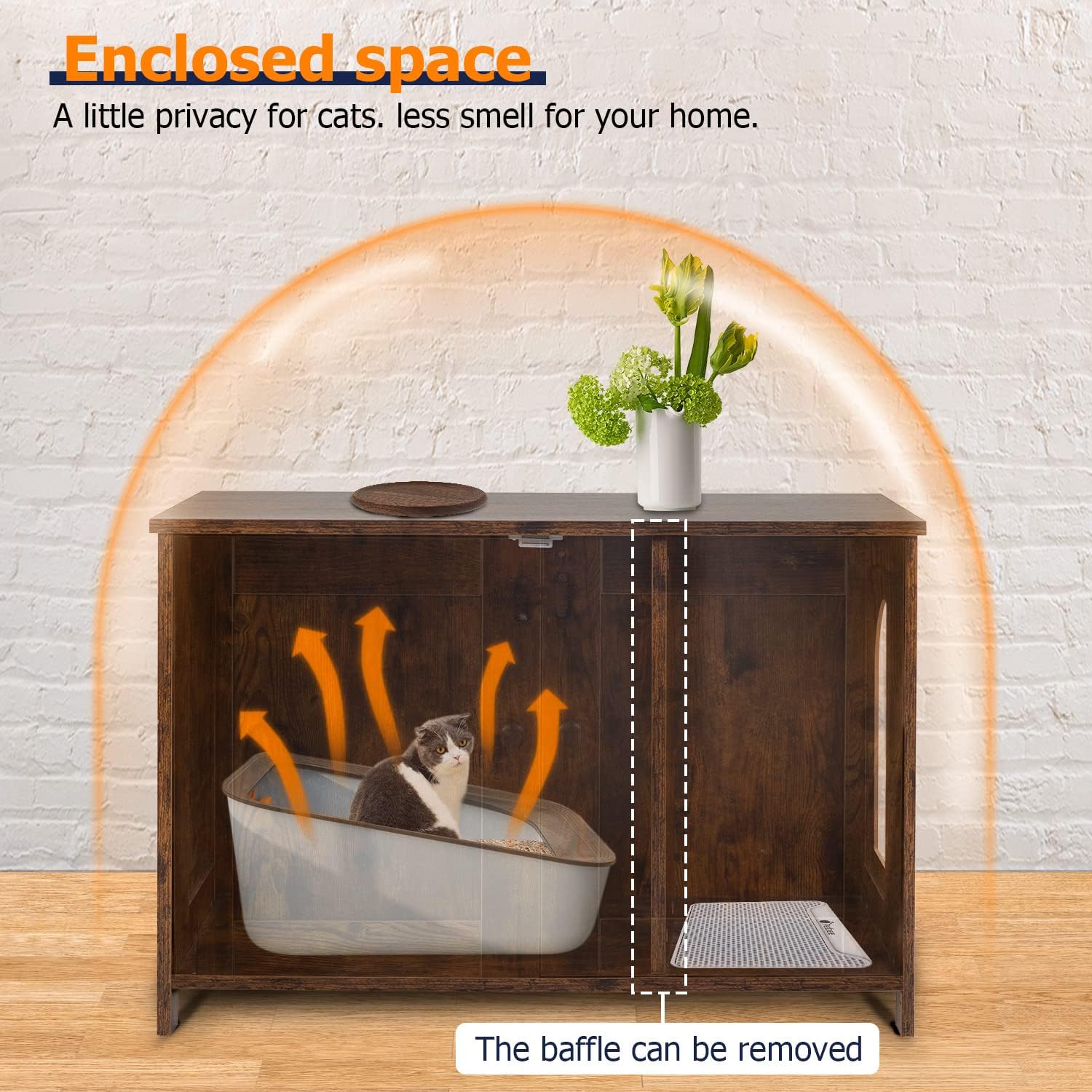 BLKMTY Cat Littler Box Enclosure, Wooden Cat Litter Box Furniture Hidden with Removable Divider & Reversible Entrance, Cats Washroom Cats House with End Table, Brown