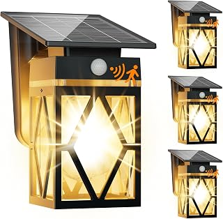 4 Pack Solar Porch Lights Outdoor with Dusk-to-Dawn Motion Sensor | 200LM 3000K Warm White, E26 ST58 Bulb, Classic Lantern Design, 3 Lighting Modes, IP65 Waterproof for Porch, Garage & Patio