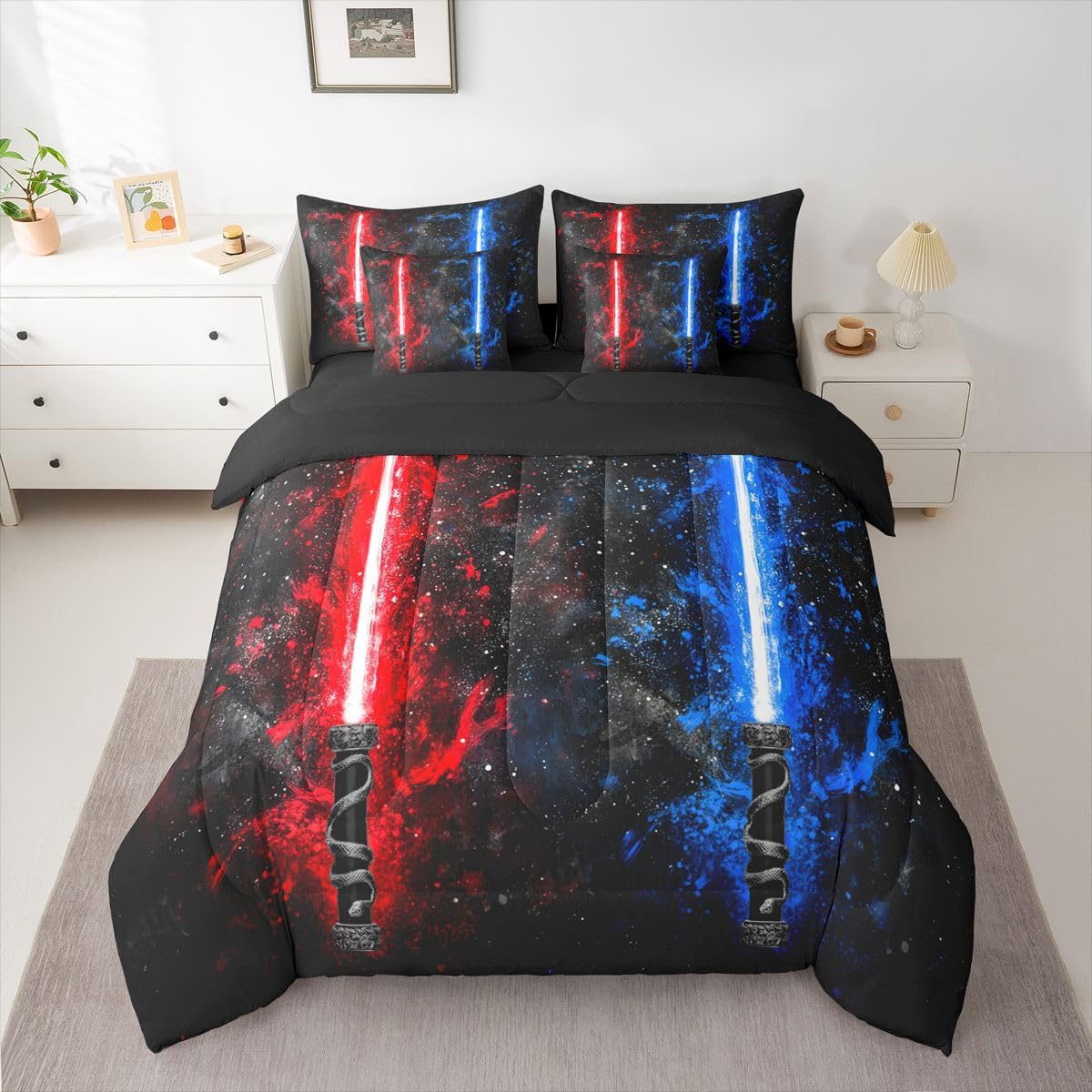 7 Piece Lightsaber Comforter Set King Size, Neon Red Blue Bedding Set Bed In A Bag For Kids Boys Teens Adult Women Room, Galaxy Starry Sky Sheet Set Fashion Games Light Sword Bedding Comforter Sets