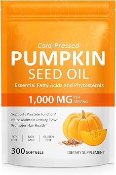 Pumpkin Seed Oil with Saw Palmetto 1000mg per Serving, Cold-Pressed Pumpkin Seed Oil for Hair Growth, Prostate Health, Urinary Tract Support, 300 Softgels Supplement of Essential Fatty Acids