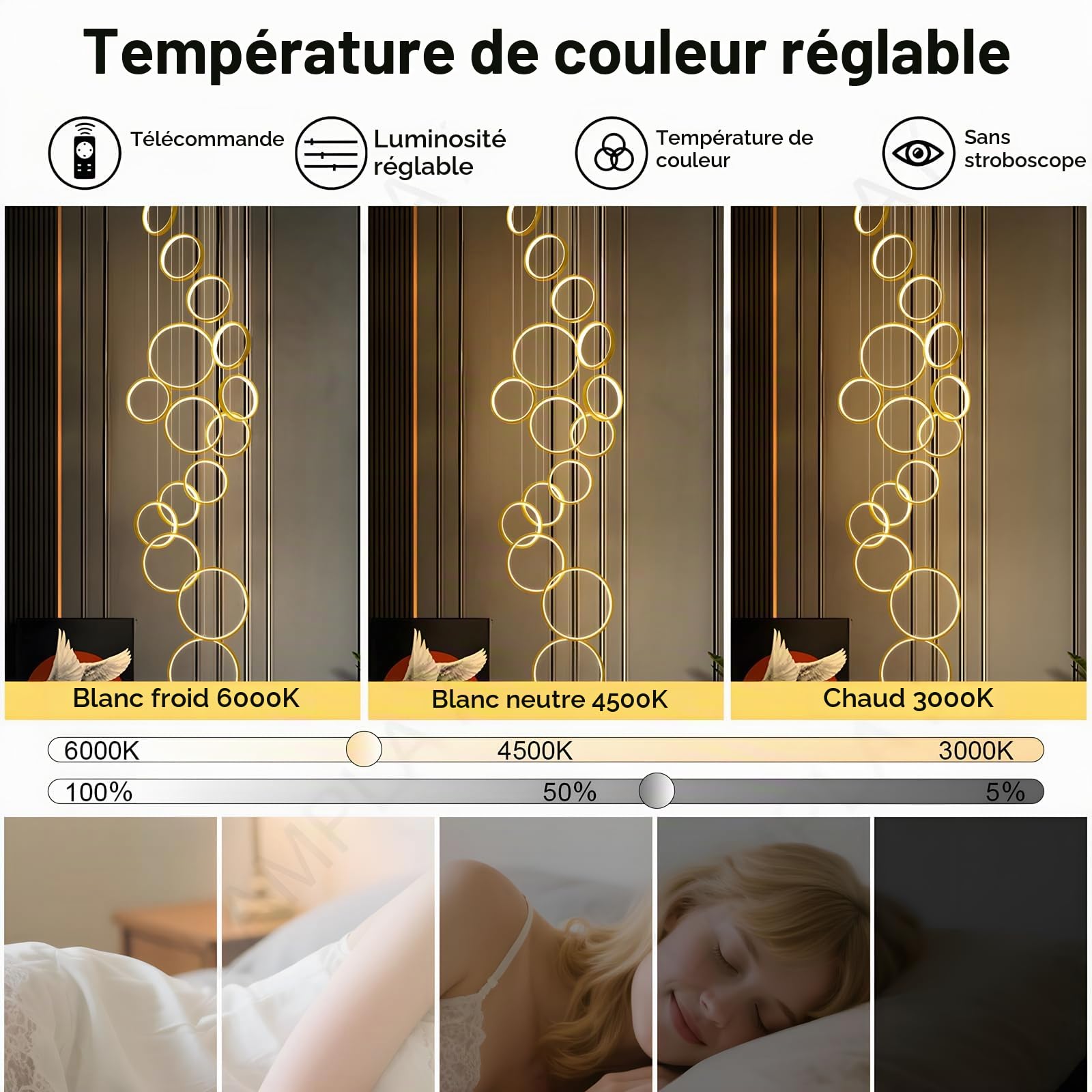 Lustre D'Escalier À LED, Lampe De Plafond Haut Moderne À 15 Anneaux Doré, Lampe Suspendue Réglable En Hauteur Pour Entrée, Variateur Avec Télécommande 3000K-6000K, Couloir, Salon, Escaliers