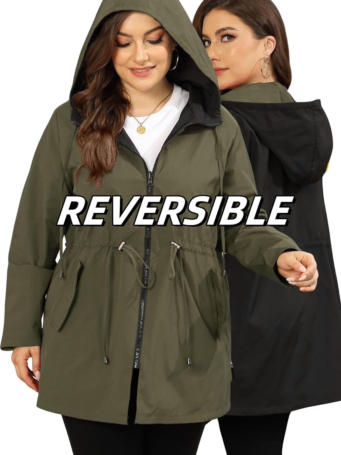 AOVDE Women's Rain Jacket Plus Size: Waterproof Raincoat Reversible Lightweight Windbreaker Jackets with Hooded - Image 9