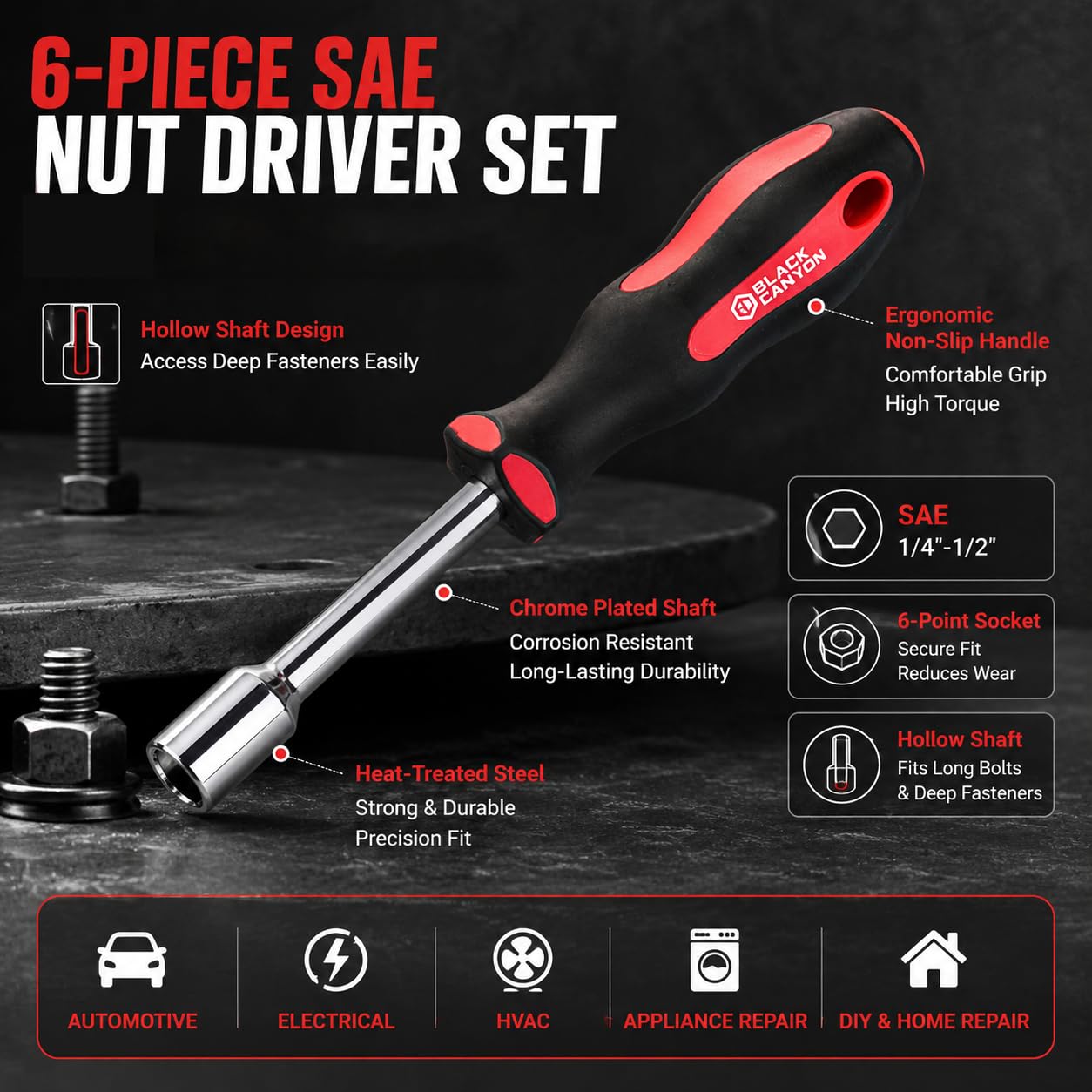 6-Piece SAE Nut Driver Set, 1/4"-1/2" Hollow Shaft Hex Nut Drivers, Chrome Plated Heat-Treated Steel Shaft, Ergonomic Non-Slip Handle for Automotive, Electrical, HVAC, Appliance Repair & DIY image 2
