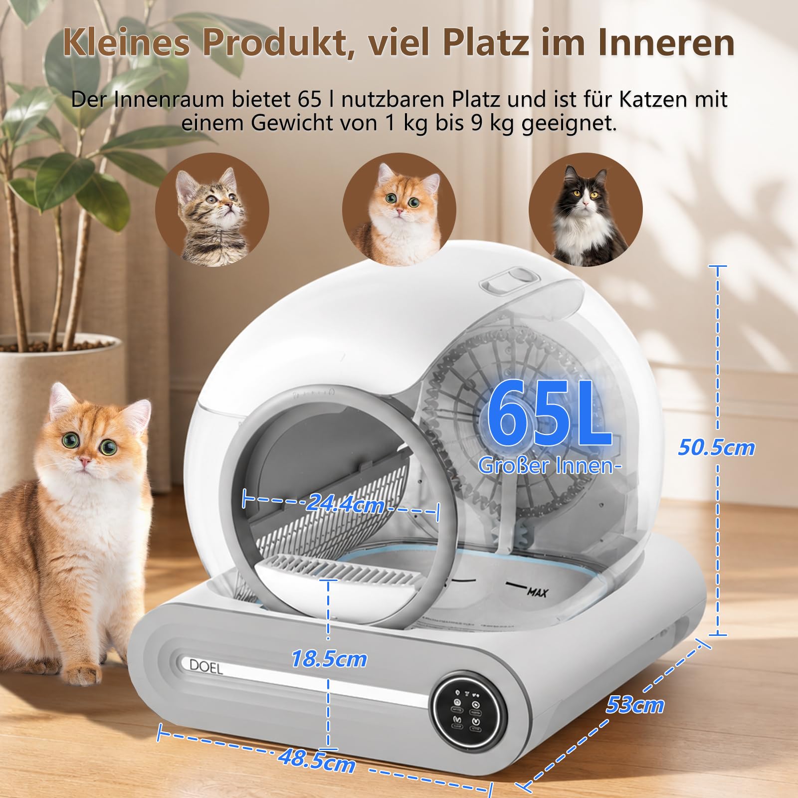 DOEL Lettiera automatica migliorata, eliminazione degli odori ionici | Controllo app, registrazioni della lettiera per gatti, grande spazio da 65 l, funzione anti-blocco, basso rumore