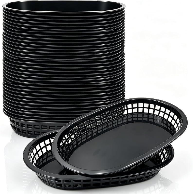 40 Pack Fast Food Baskets, Reusable Deli Fast Food Storage Basket, 10.5 x 7 Inch Black Plastic Baskets, Foods Service Tray Holde for Easter, Fruit, Hot Dogs, Burgers, Fries, Snacks,Picnic
