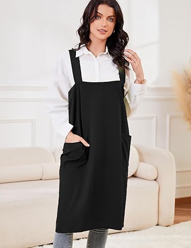 Miniatura 2 de Schine Pinafore de algodón con espalda cruzada para mujer, con bolsillos grandes, prácticos delantales para trabajos de jardinería, cocina,