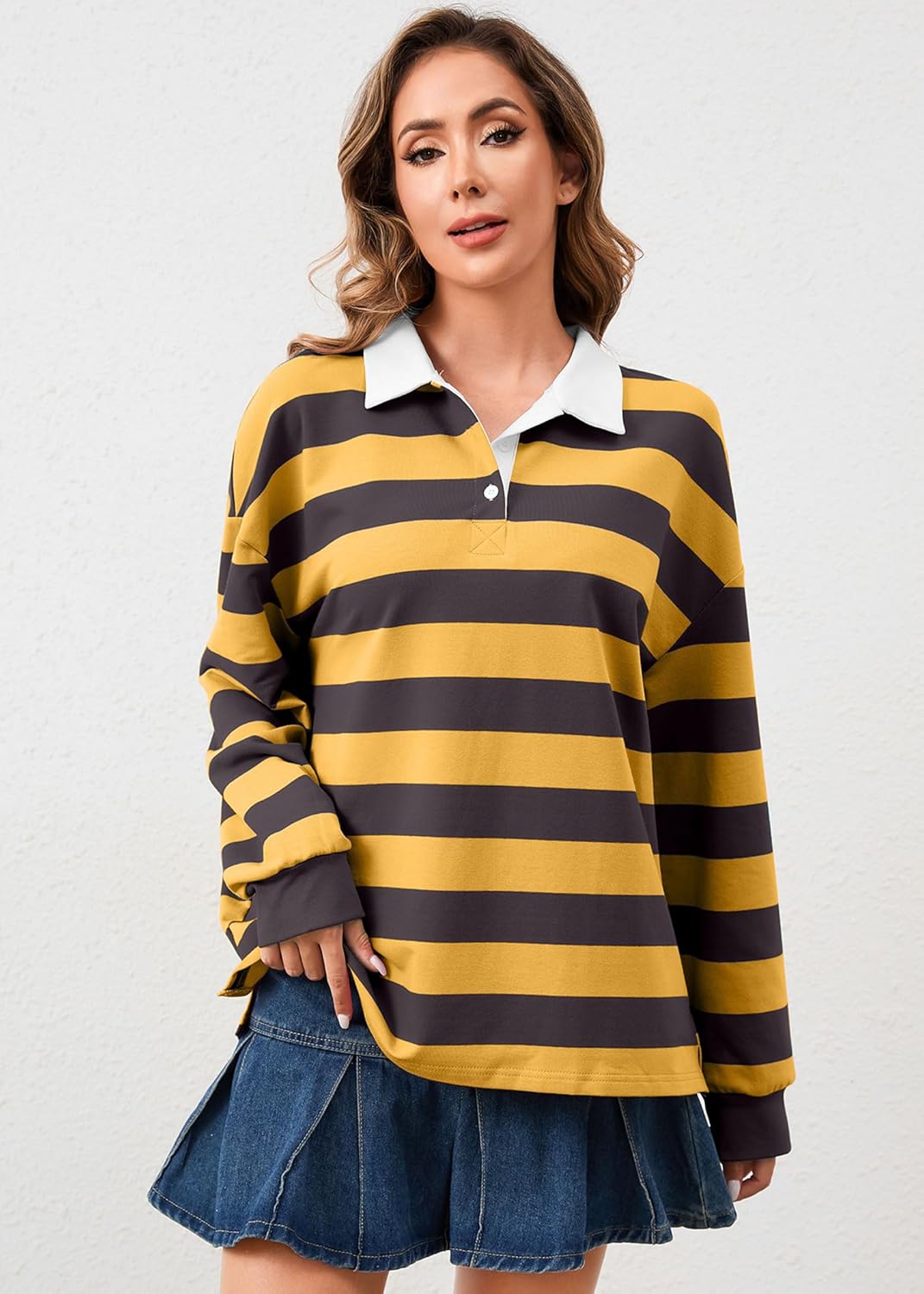 Women's Long Sleeve Polo Shirts Color Block V Neck Casual Pullover Tops Button Collared Preppy Tunics Tees Yellow Grey - Image 4