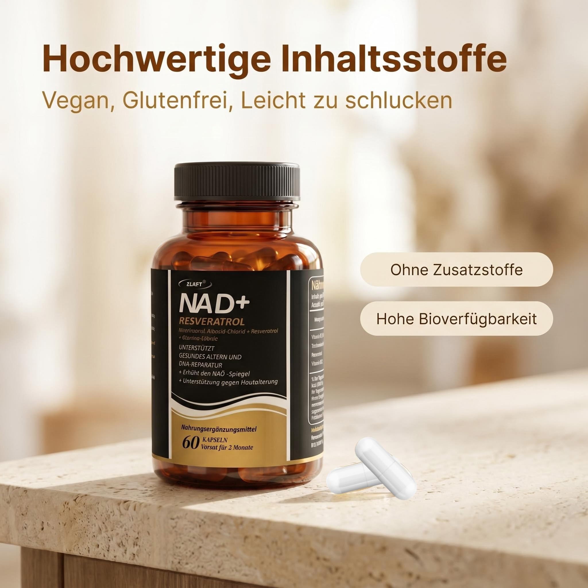 NAD+ Supplement,2pcs NAD+ Supplements mit Resveratrol, Nicotinamid-Ribosid Kapseln,Hochreines NR Supplements,Plus Resveratrol Kapseln,Hochdosiertes Supplement mit Resveratrol,120 Kapseln