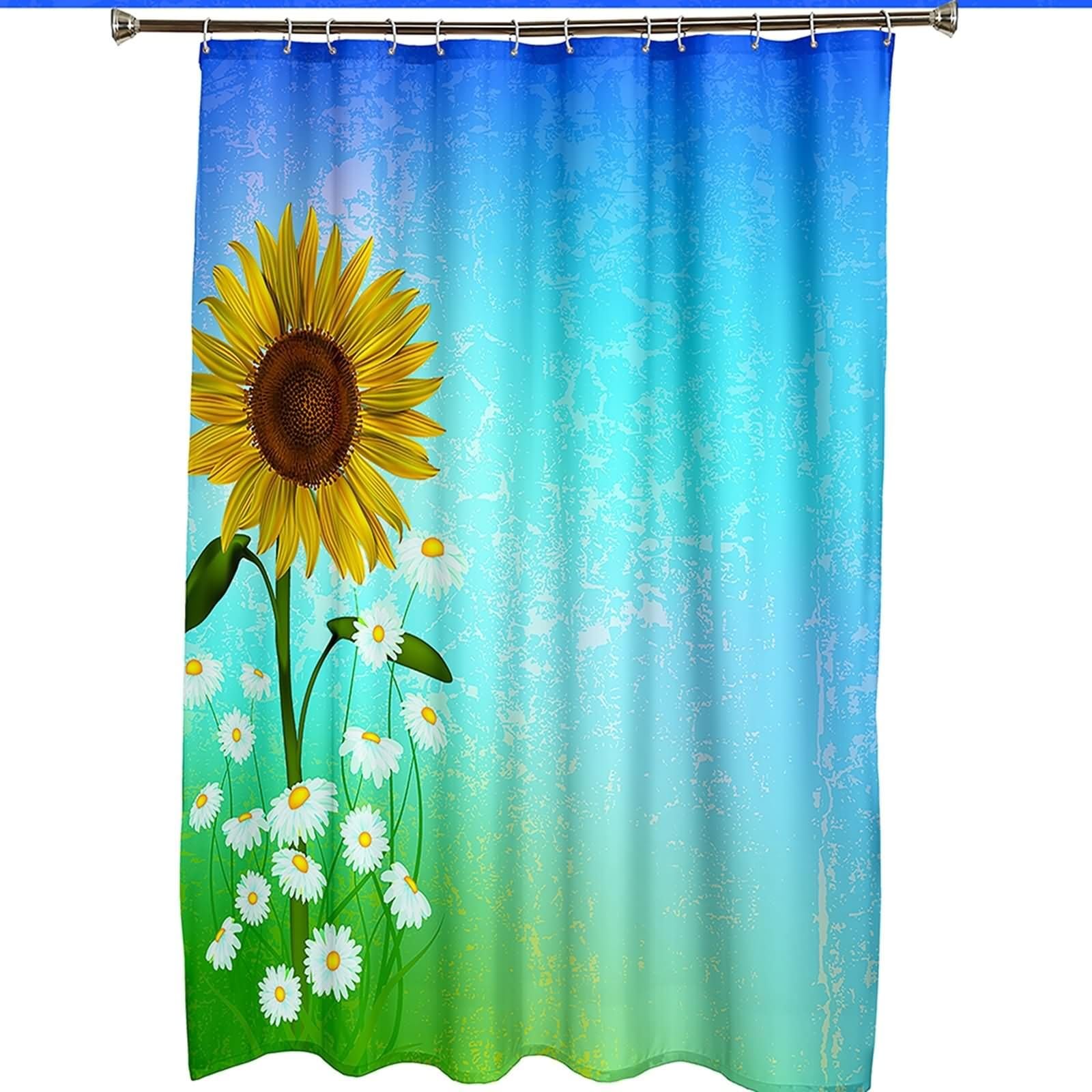 Duschvorhang 180X200, Duschvorhang Textil Waschbar Blau Gelb Grün Sonnenblumen und Gänseblümchenmuster Stilvoller Duschvorhang