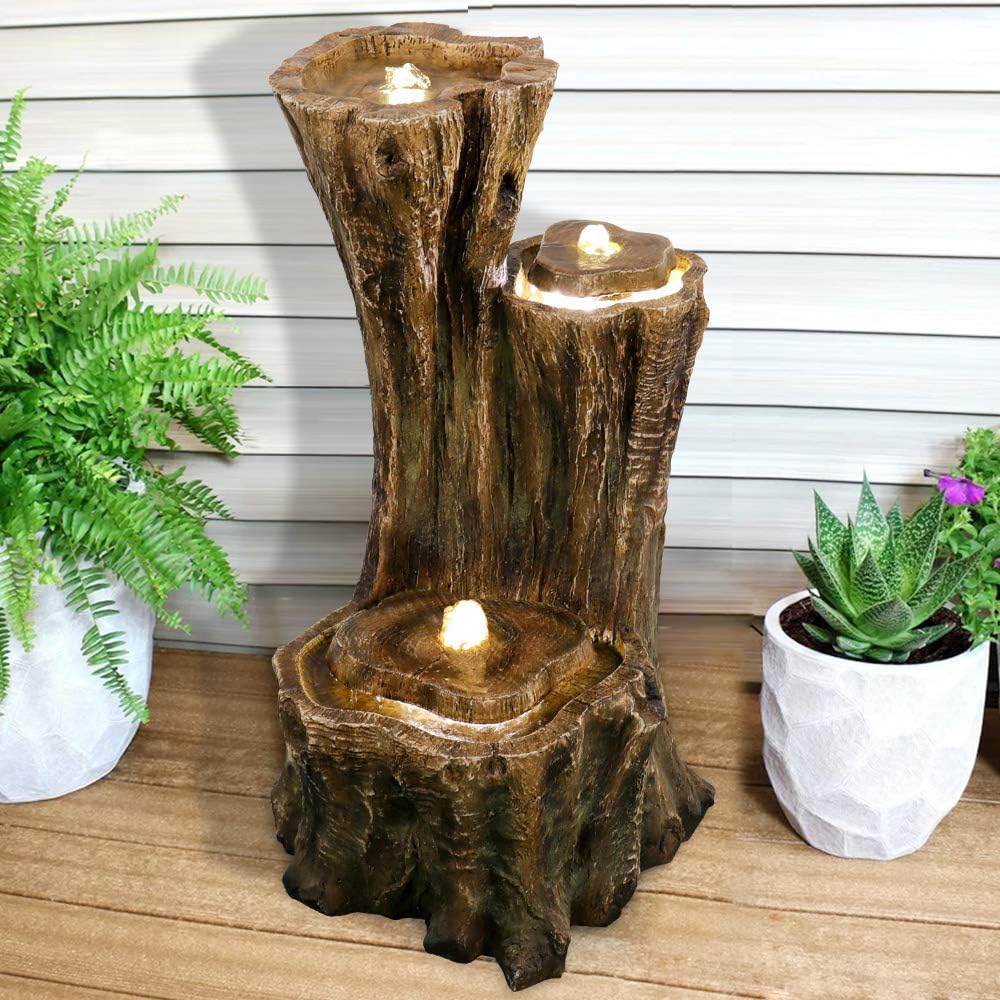 Woodland Waterfall Outdoor Fountain - 33” Tall 3-Tier Timber Pile Tranquil Cascading Waterfall Garden Fountain Design with No Splashing Circular Running Water System&Flame-like LED Light