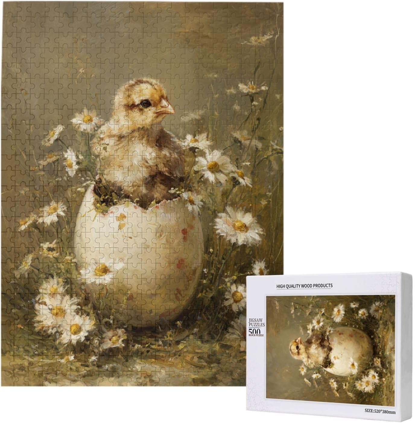 Vintage Easter Chick & Daisies Wooden Jigsaw Puzzle for Adults, 500 Piece Challenging Puzzles. Ideal for Holiday Leisure, Home Decor, Game Nights, Gifts. Finished Size is 20.47“ X 14.96”