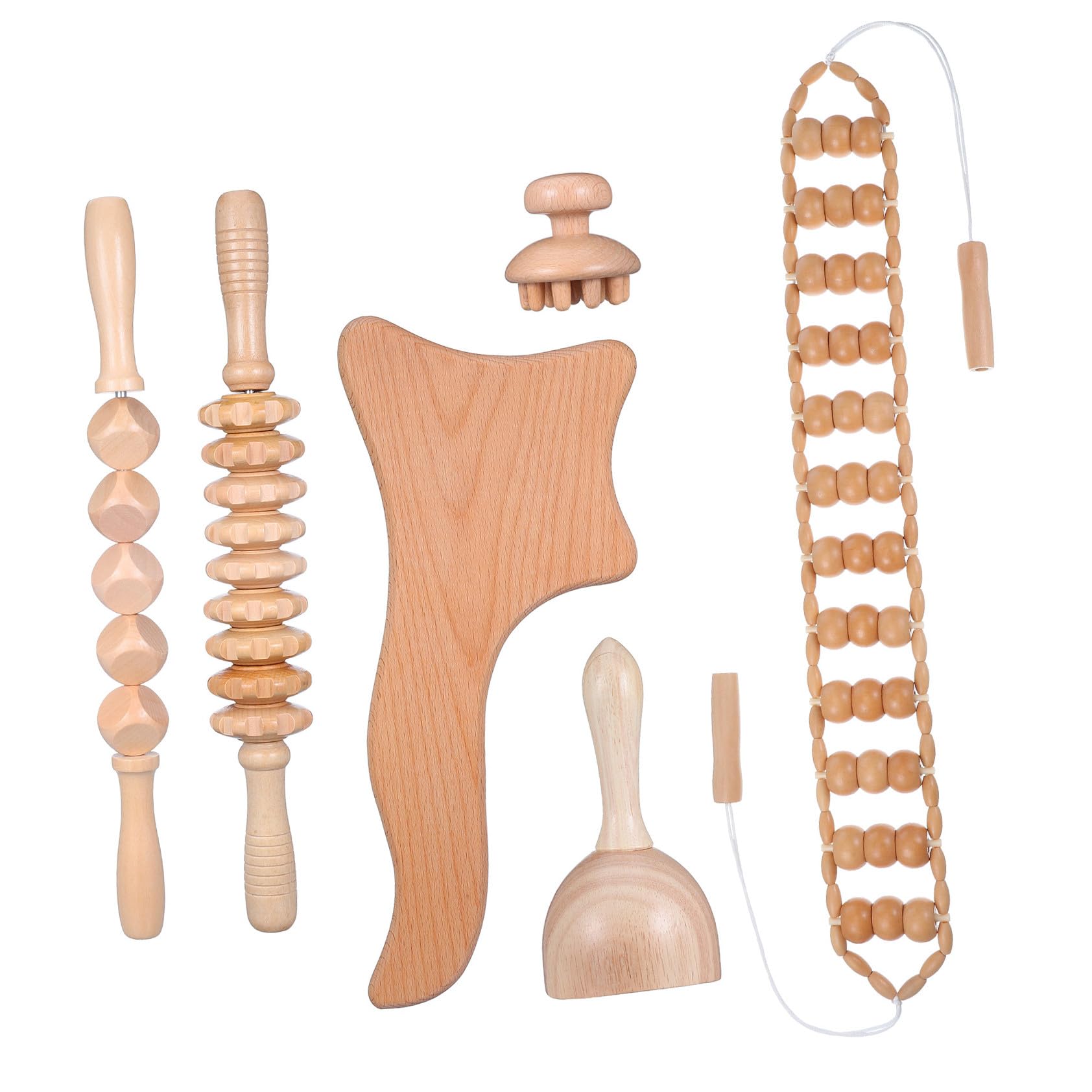 Juego De 6 Herramientas De Masaje De Madera Terapias De Rodillo y Tabla De Contorno Para Alivio De Tensión