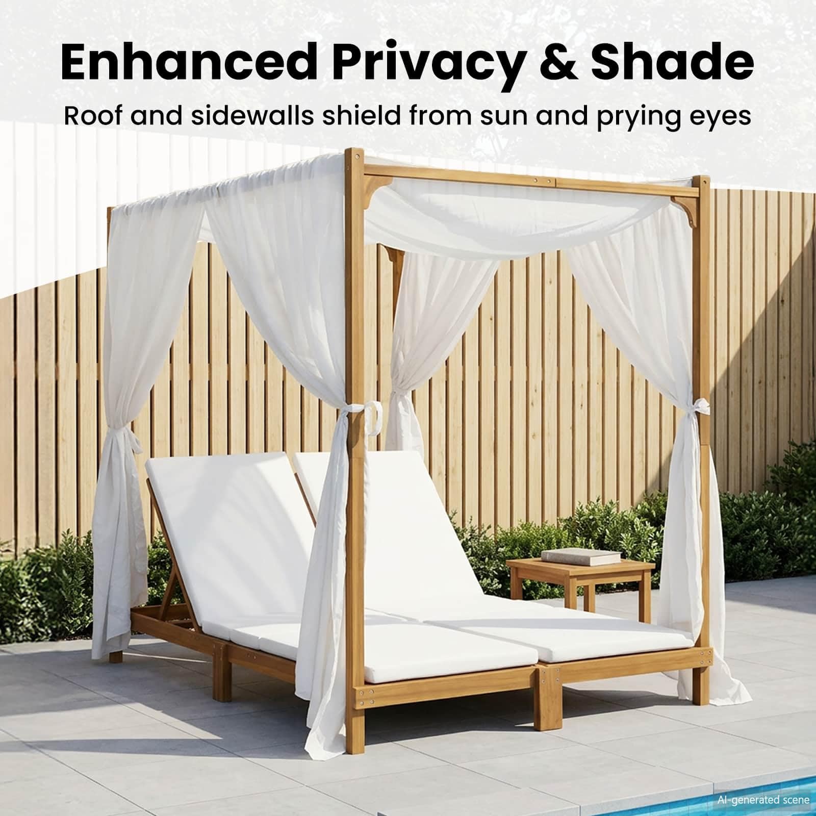 vidaXL Transat Double avec auvent et Rideaux Bois d'Acacia Massif, Chaise Longue réglable, mobilier de Jardin, résiste aux intempéries, pour la détente en extérieur