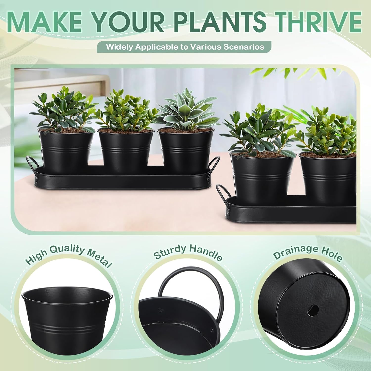 Hicarer 2 Sets Herb Planter with Tray Metal Herb Garden Planter with Drainage Farmhouse Windowsill Pots for Indoor Plants Flower Succulent Outdoor Kitchen Apartment Balcony Window (Black)