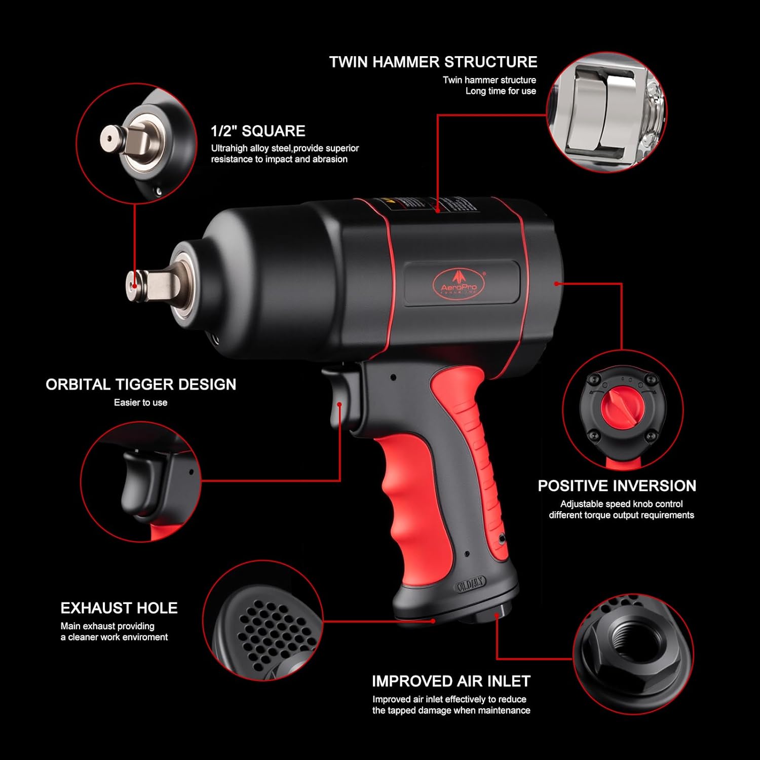 AEROPRO TOOLS 1/2-Inch Air Impact Wrench, Twin Hammer, 1200FT-LBS, 7500RPM, High Torque Pneumatic Impact Wrench, 1/2 Drive Air Impact Gun for Auto Repair, Tire Shop - Image 5